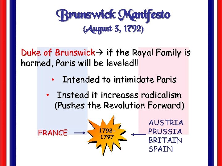 Brunswick Manifesto (August 3, 1792) Duke of Brunswick if the Royal Family is harmed,