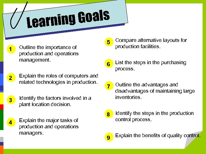 g Goals Learnin 1 Outline the importance of production and operations management. 5 Compare