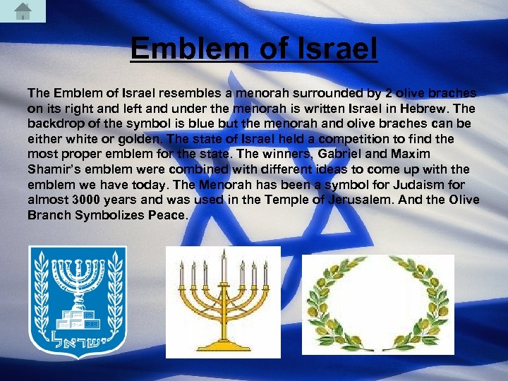 Emblem of Israel The Emblem of Israel resembles a menorah surrounded by 2 olive