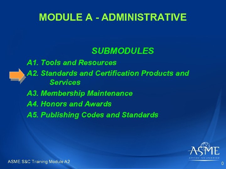 MODULE A - ADMINISTRATIVE SUBMODULES A 1. Tools and Resources A 2. Standards and