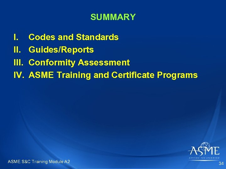 SUMMARY I. III. IV. Codes and Standards Guides/Reports Conformity Assessment ASME Training and Certificate
