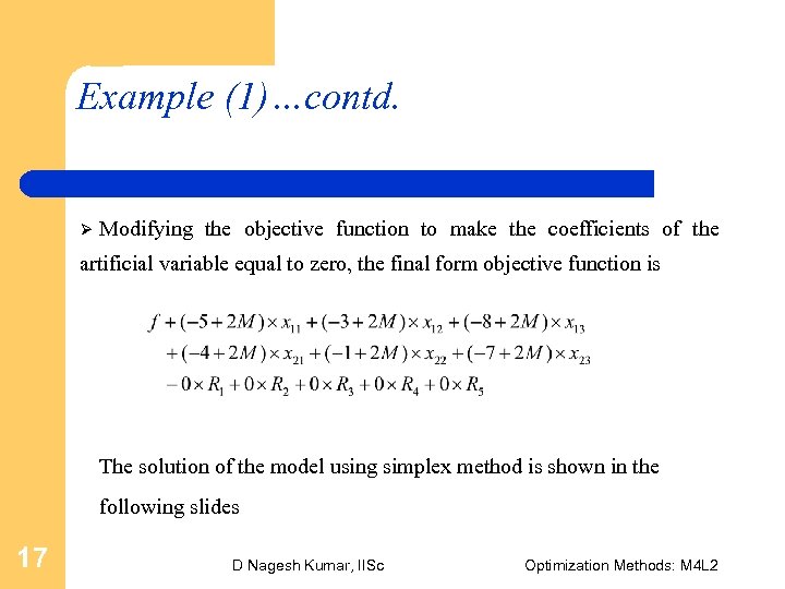 Example (1)…contd. Ø Modifying the objective function to make the coefficients of the artificial