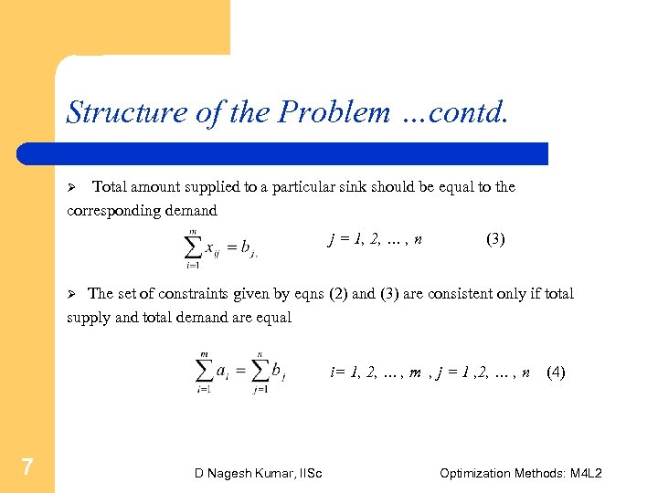 Structure of the Problem …contd. Total amount supplied to a particular sink should be