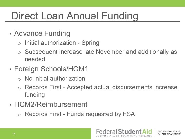 Direct Loan Annual Funding • Advance Funding Initial authorization - Spring o Subsequent increase
