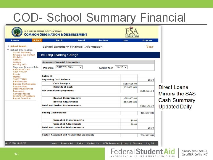 COD- School Summary Financial Life Long Learning College Direct Loans Mirrors the SAS Cash
