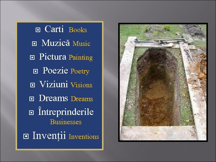 Carti Books Muzică Music Pictura Painting Poezie Poetry Viziuni Visions Dreams Întreprinderile Businesses Invenții