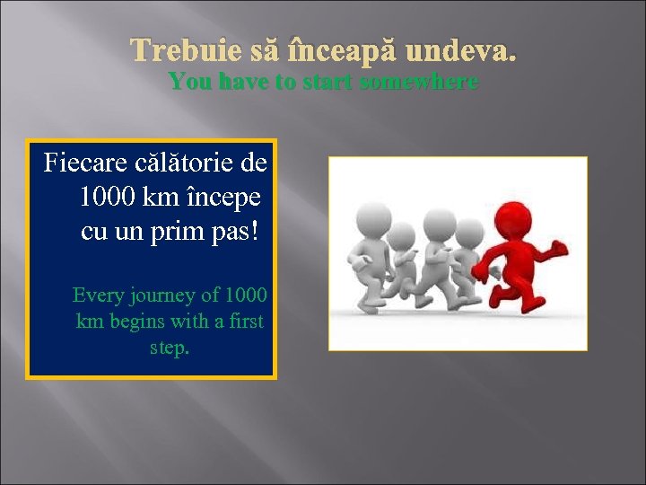 Trebuie să înceapă undeva. You have to start somewhere Fiecare călătorie de 1000 km
