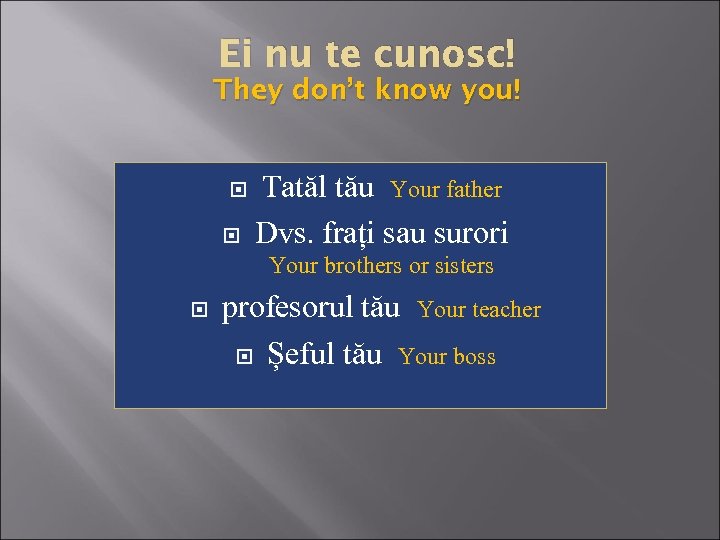 Ei nu te cunosc! They don’t know you! Tatăl tău Your father Dvs. frați