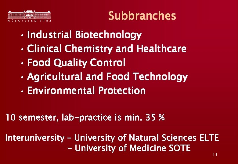 Subbranches • Industrial Biotechnology • Clinical Chemistry and Healthcare • Food Quality Control •