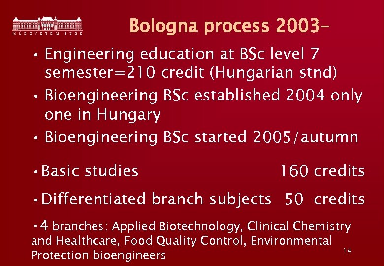 Bologna process 2003 • Engineering education at BSc level 7 semester=210 credit (Hungarian stnd)