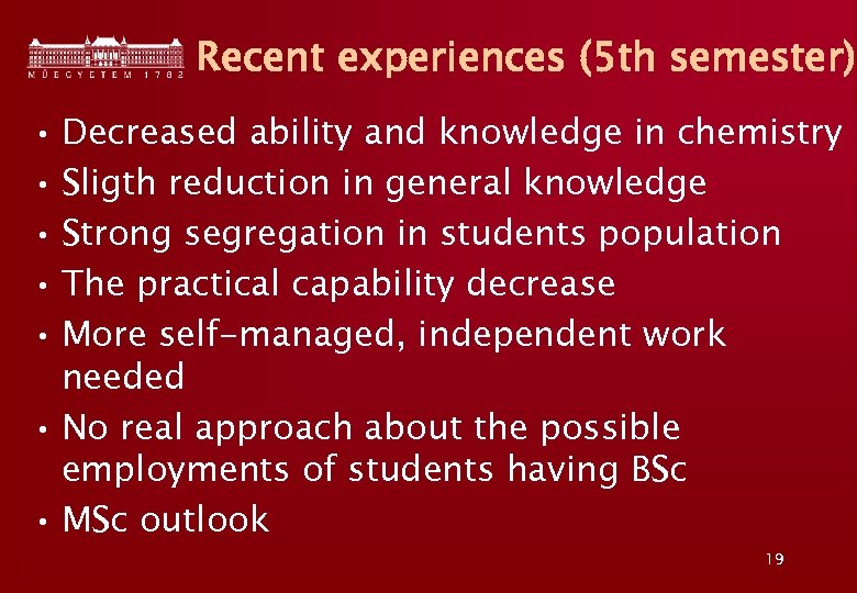 Recent experiences (5 th semester) • Decreased ability and knowledge in chemistry • Sligth