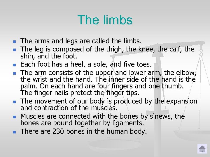 The limbs n n n n The arms and legs are called the limbs.