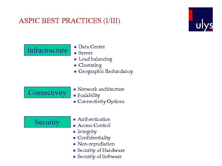 ASPIC BEST PRACTICES (I/III) Infrastructure n n n Connectivity n n n Security n