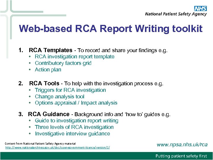 Web-based RCA Report Writing toolkit 1. RCA Templates - To record and share your