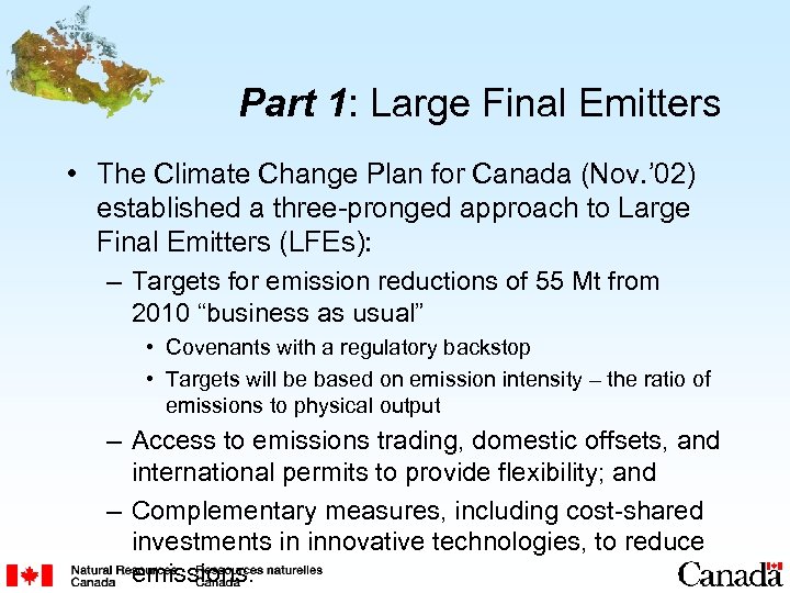 Part 1: Large Final Emitters • The Climate Change Plan for Canada (Nov. ’