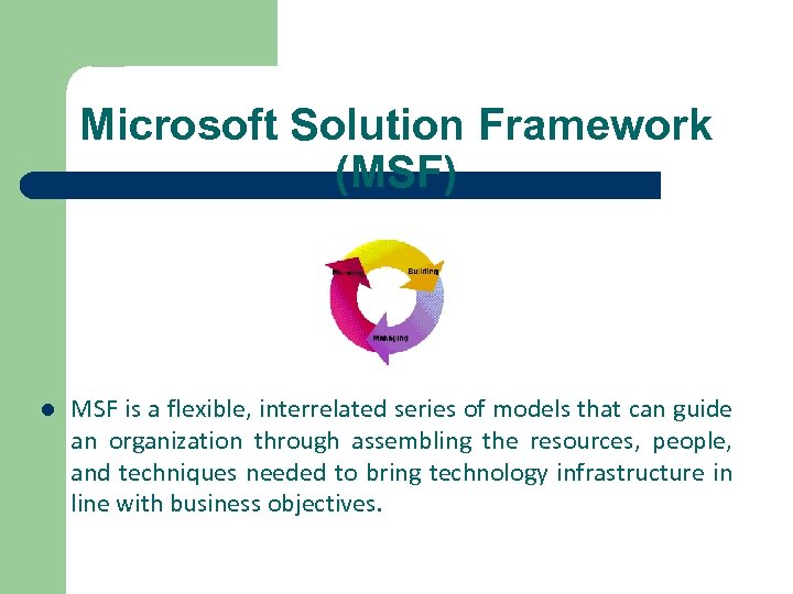 Microsoft Solution Framework (MSF) l MSF is a flexible, interrelated series of models that