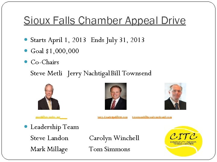 Sioux Falls Chamber Appeal Drive Starts April 1, 2013 Ends July 31, 2013 Goal