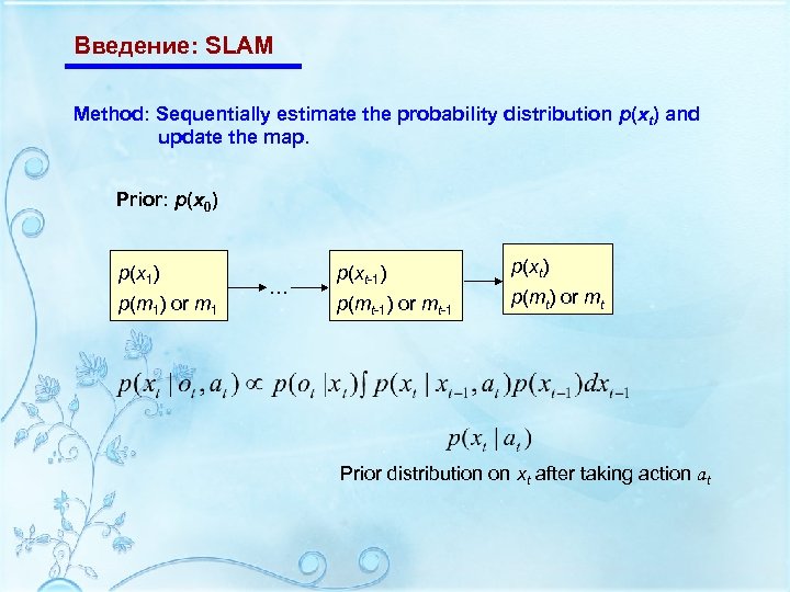 Введение: SLAM Method: Sequentially estimate the probability distribution p(xt) and update the map. Prior: