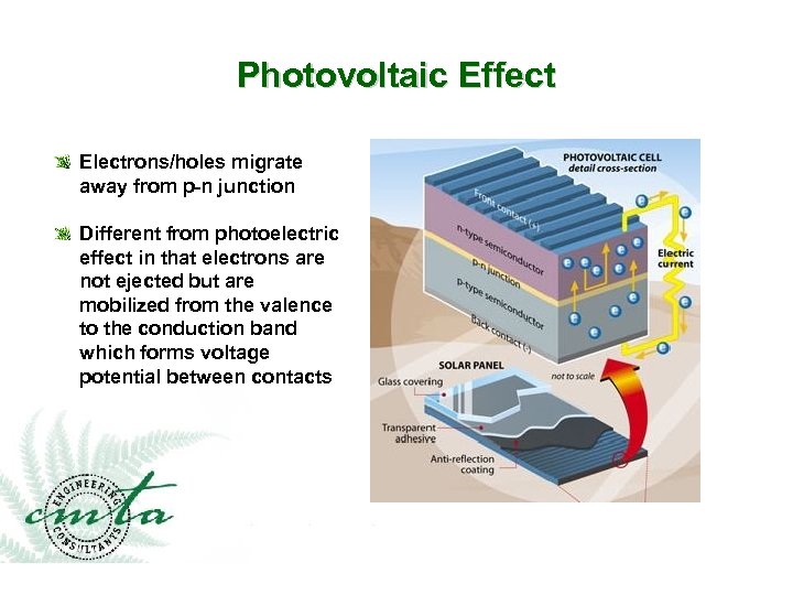 Photovoltaic Effect Electrons/holes migrate away from p-n junction Different from photoelectric effect in that