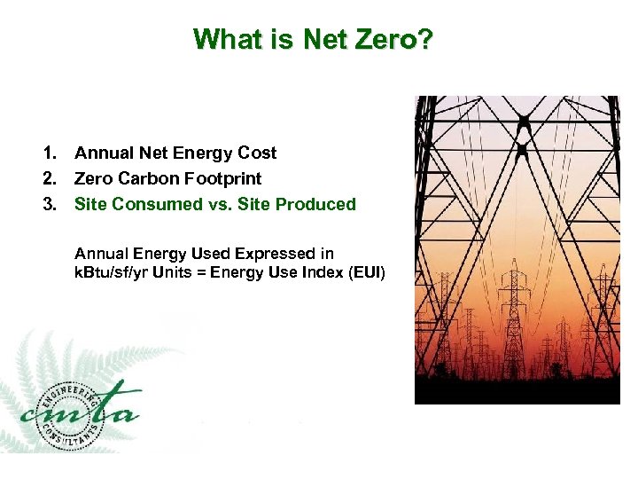 What is Net Zero? 1. Annual Net Energy Cost 2. Zero Carbon Footprint 3.