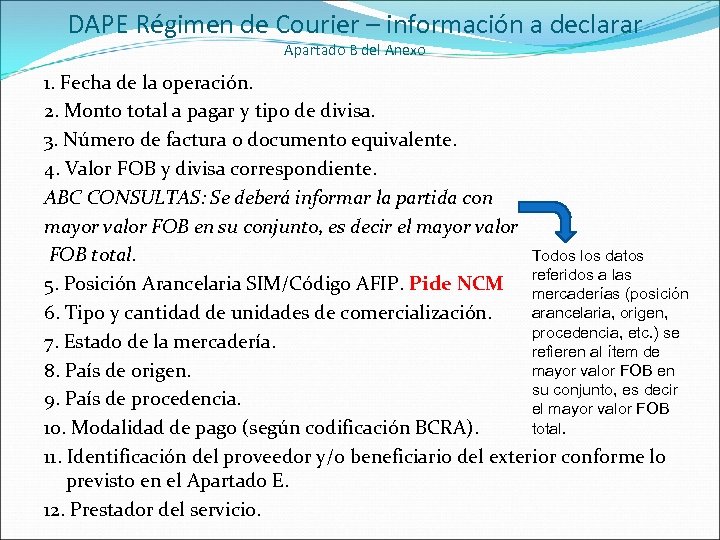 DAPE Régimen de Courier – información a declarar Apartado B del Anexo 1. Fecha