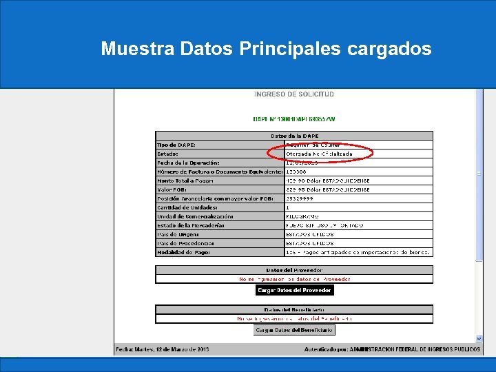 Muestra Datos Principales cargados 