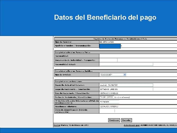 Datos del Beneficiario del pago 