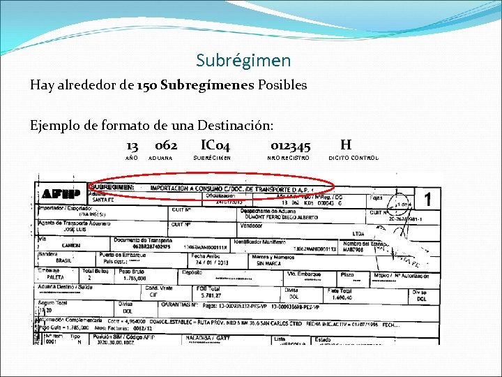 Subrégimen Hay alrededor de 150 Subregímenes Posibles Ejemplo de formato de una Destinación: 13