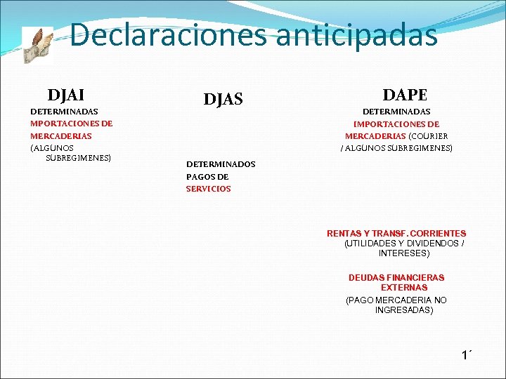 Declaraciones anticipadas DJAI DETERMINADAS MPORTACIONES DE MERCADERIAS (ALGUNOS SUBREGIMENES) DJAS DAPE DETERMINADAS IMPORTACIONES DE