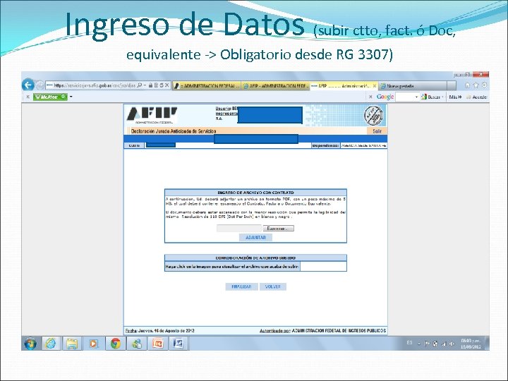 Ingreso de Datos (subir ctto, fact. ó Doc, equivalente -> Obligatorio desde RG 3307)