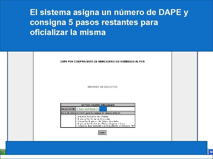 El sistema asigna un número de DAPE y consigna 5 pasos restantes para oficializar