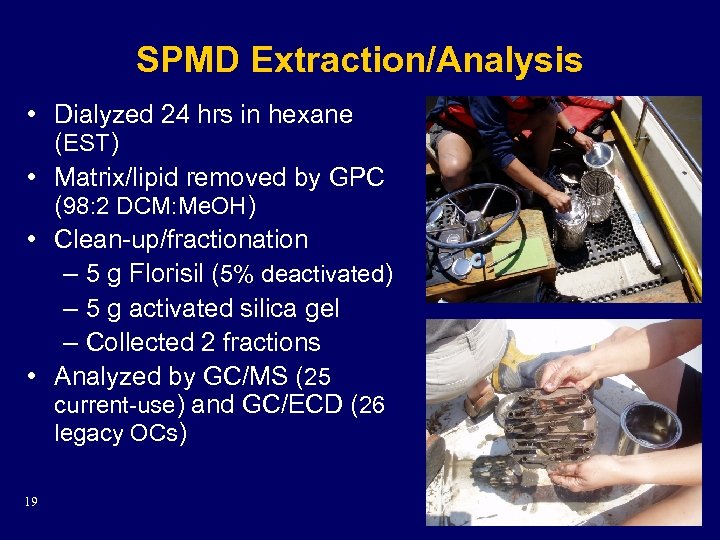 SPMD Extraction/Analysis • Dialyzed 24 hrs in hexane (EST) • Matrix/lipid removed by GPC