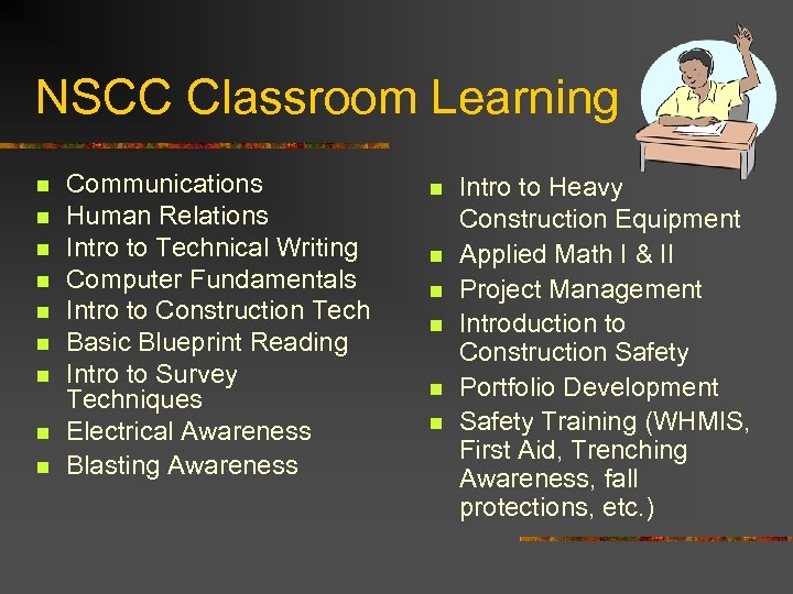 NSCC Classroom Learning n n n n n Communications Human Relations Intro to Technical