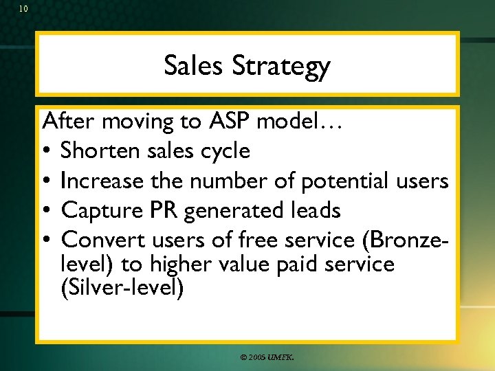 10 Sales Strategy After moving to ASP model… • Shorten sales cycle • Increase