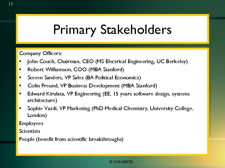 15 Primary Stakeholders Company Officers: • John Couch, Chairman, CEO (MS Electrical Engineering, UC