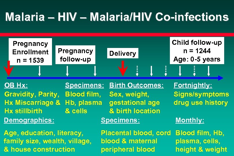 Malaria – HIV – Malaria/HIV Co-infections Pregnancy Enrollment n = 1539 Pregnancy follow-up OB