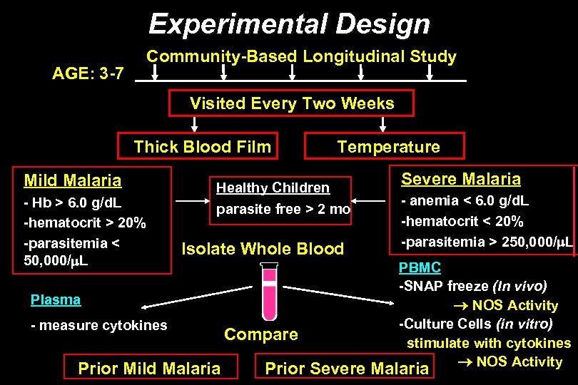 Experimental Design AGE: 3 -7 Community-Based Longitudinal Study Visited Every Two Weeks Thick Blood