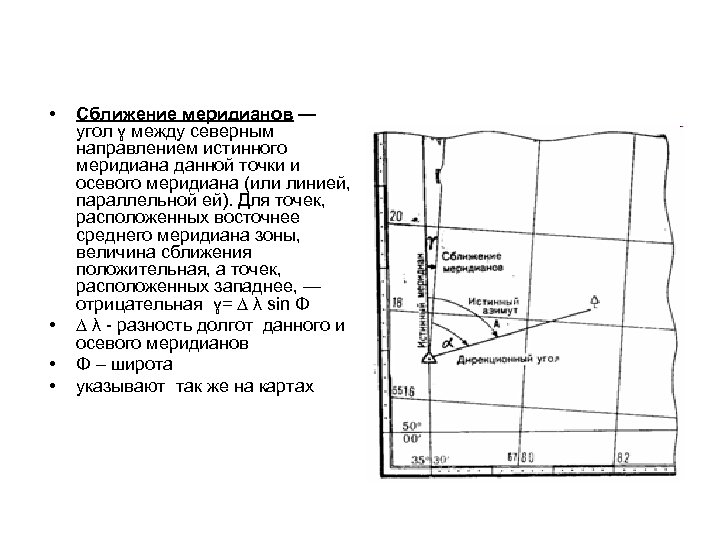  • • Сближение меридианов — угол ɣ между северным направлением истинного меридиана данной