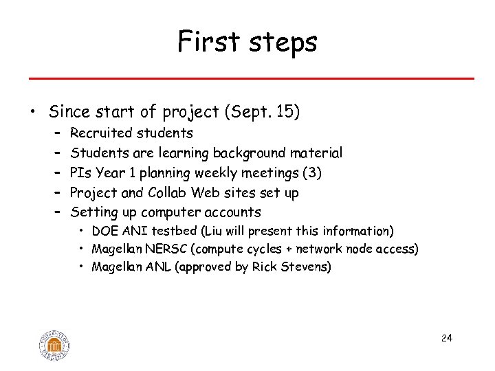 First steps • Since start of project (Sept. 15) – – – Recruited students