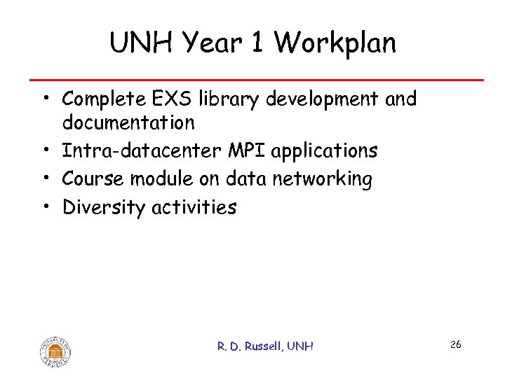 UNH Year 1 Workplan • Complete EXS library development and documentation • Intra-datacenter MPI