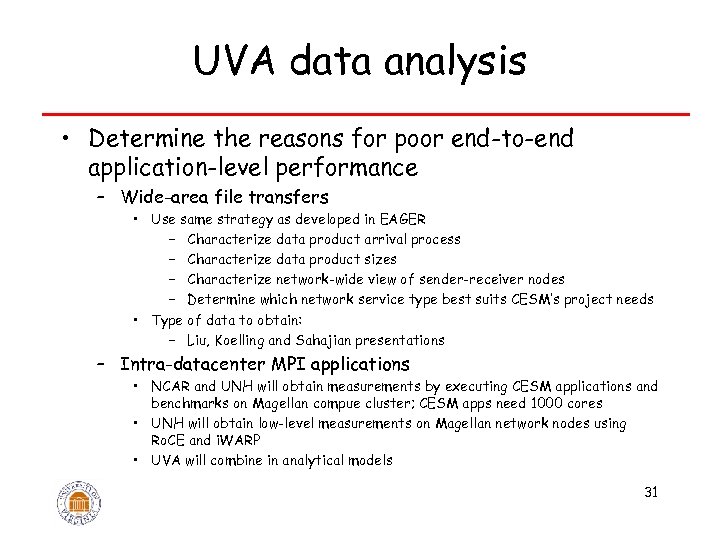 UVA data analysis • Determine the reasons for poor end-to-end application-level performance – Wide-area