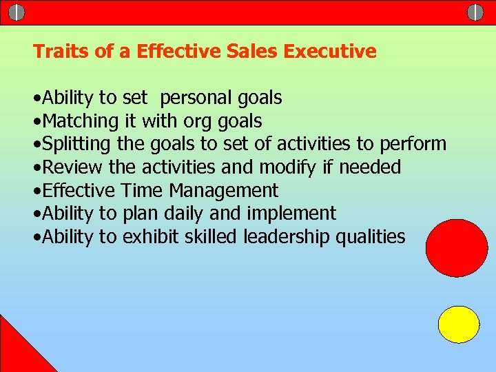 Traits of a Effective Sales Executive • Ability to set personal goals • Matching