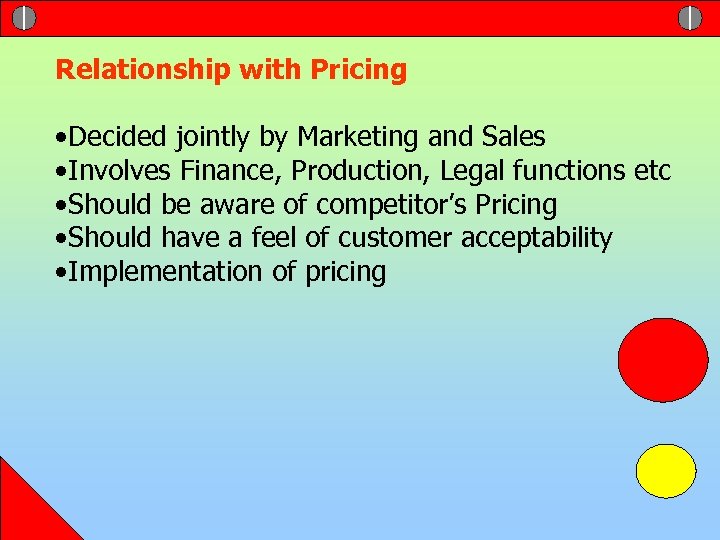Relationship with Pricing • Decided jointly by Marketing and Sales • Involves Finance, Production,