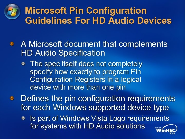 Microsoft Pin Configuration Guidelines For HD Audio Devices A Microsoft document that complements HD