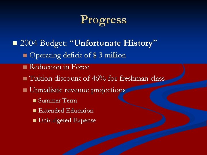 Progress n 2004 Budget: “Unfortunate History” Operating deficit of $ 3 million n Reduction