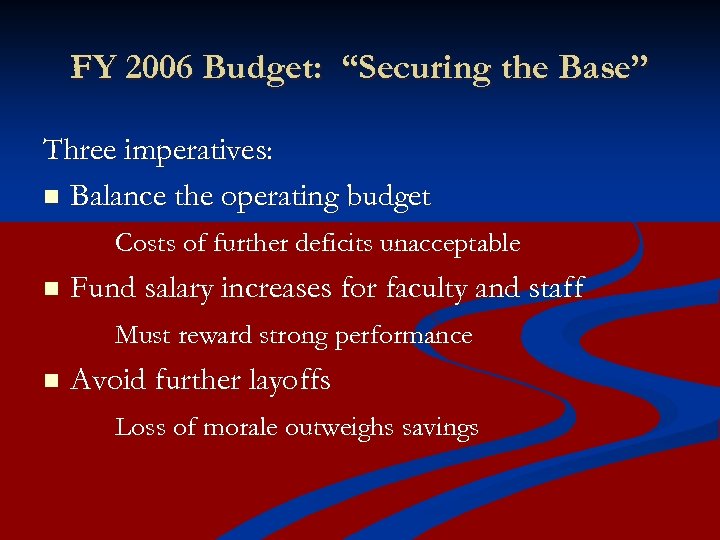 FY 2006 Budget: “Securing the Base” Three imperatives: n Balance the operating budget Costs