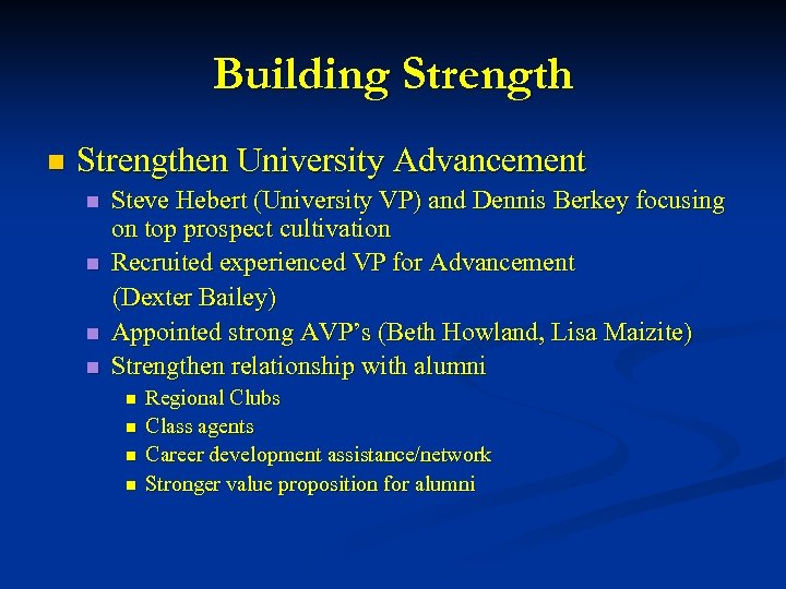 Building Strength n Strengthen University Advancement n n Steve Hebert (University VP) and Dennis