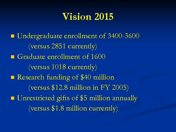 Vision 2015 Undergraduate enrollment of 3400 -3600 (versus 2851 currently) n Graduate enrollment of