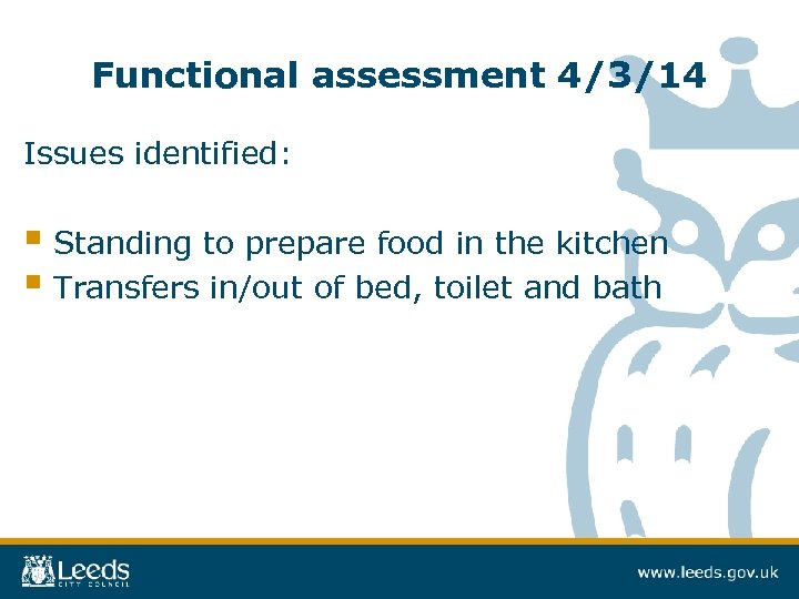 Functional assessment 4/3/14 Issues identified: § Standing to prepare food in the kitchen §