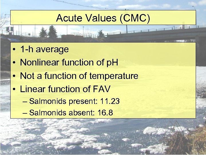 Acute Values (CMC) • • 1 -h average Nonlinear function of p. H Not